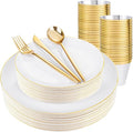 bUCLA 150PCS White and Gold Plastic Plates Disposable - 25 Guests Gold Dinnerware Set - Include 25 Each (Dinner &amp Dessert) Plates 25 Knives 25 Forks 25 Spoons &amp 25 Cups for Party