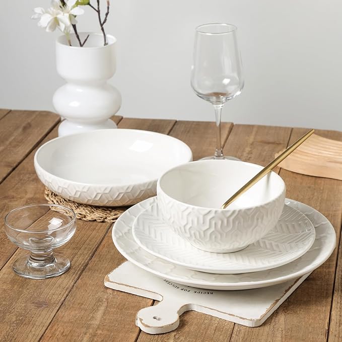 Sureasy 32 Pieces Dinnerware Sets for 8 Ceramic Plates and Bowls Sets Embossed Scratch Resistant Dinner Set Dishwasher &amp Microwave Safe White