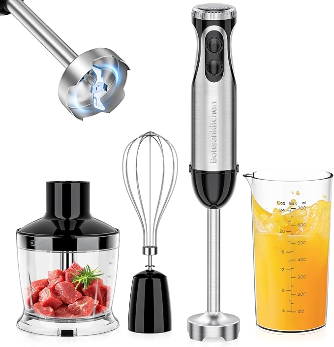 Bonsenkitchen Immersion Blender 20 Variable Speeds &amp Turbo 4-In-1 Stainless Steel Handheld Blender Powerful Milk Frother for Coffee