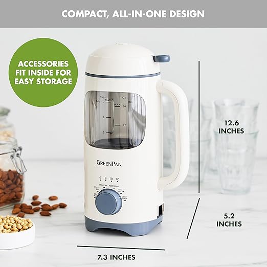 GreenPan Nut Milk Maker 15-in-1 Homemade Soy Almond Oat Coconut Non-Dairy Rice Soup Baby Food BPA-Free Smooth Creamy Texture Self Clean Barista Quality Milk Delay Start Boil Water Cream