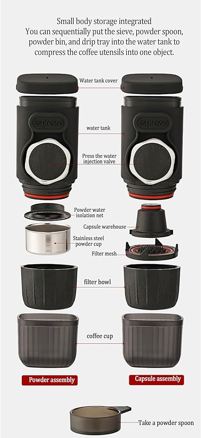 Portable Hand press Coffee Maker with with Capsule Compartment and Coffee Powder Bowl &amp Travel Mug - Compact Espresso Machine for Home Travel Manual Coffee Brewing