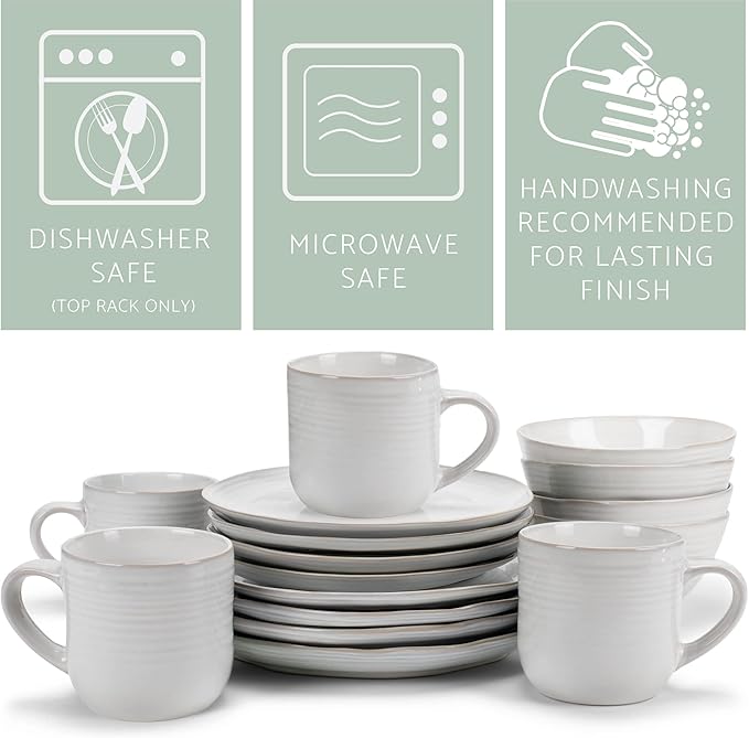 Elanze Designs Reactive Glaze Farmhouse Rustic Boho Ceramic Stoneware Dinnerware 16 Piece Plate Bowl Mug Dish Set - Service for 4 Classic White