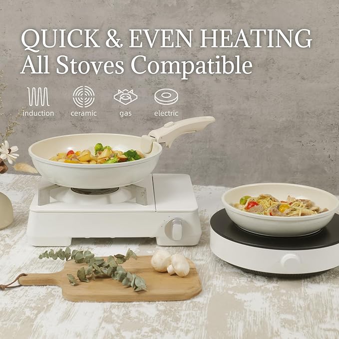 Ceramic Cookware Set Non Stick 8Pcs Pots and Pans Set Detachable Handle Induction Kitchen Cooking Set with Frying Pans Oven Dishwasher Safe PFAS/PFOA Free Cream White