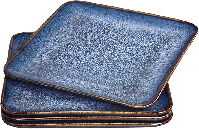 4-piece ceramic dinner plate set suitable for steak pasta and pizza microwave- and dishwasher-safe scratch-resistant blue 9-inch square dinner plate