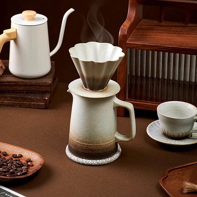 Pour Over Coffee Maker Ceramic Coffee Dripper with 40pcs V02 Paper Filter &amp Coaster 18.2oz/540ml Flower Shape Pour Over Coffee Filter set (Brown Gradient Set)