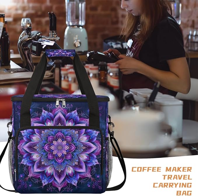 Bohemian Mandala 4 Coffee Maker Carring Bag Travel Carrying Storage Tote Bag Compatible with Keurig K-Mini or K-Mini Plus Portable Single Serve Coffee Brewer Case with Pockets for K-cup Pods