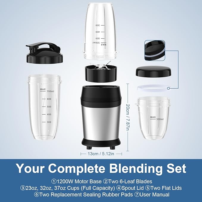 12-Piece Smoothie Blender Maker 25000 RPM Personal Blender for Ice Crushing Smoothies &amp Frozen Drinks Nuts with 23oz 32oz 37oz Portable Cups Two 6-Leaf Stainless Steel Blades Silver