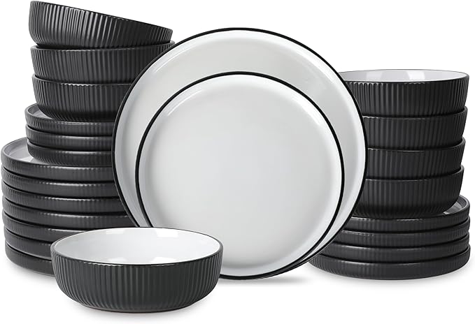 Christian Siriano Laro 24-Piece Stoneware Dinnerware Set Plates and Bowls Set Microwave and Dishwasher Safe Dish Set for 8 Black