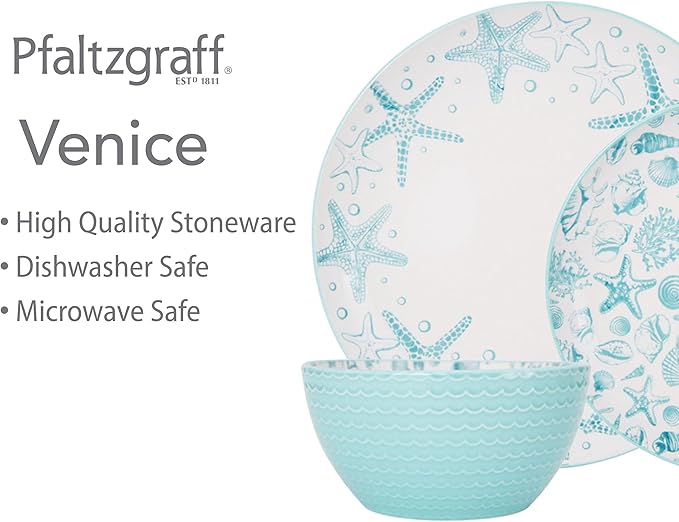 Pfaltzgraff Venice 16-Piece Stoneware Dinnerware Set Service for 4 Aqua and White Color Combination Durable and Chip Resistant Microwave Safe