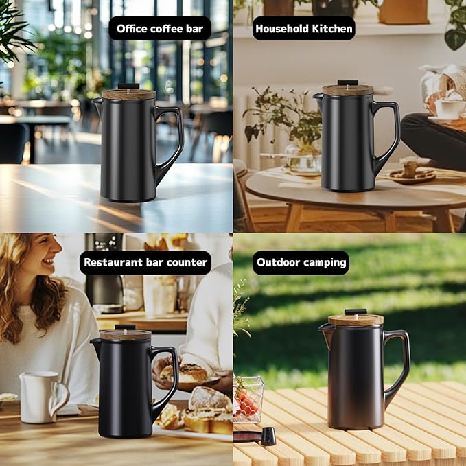 DHPO Ceramic French Press Coffee Maker 22oz Single Serve Coffee Press with Walnut Wood Lid Lead-Free Food Grade Stainless Steel Filter with Dual Screen for Coffee and Loose Tea Black