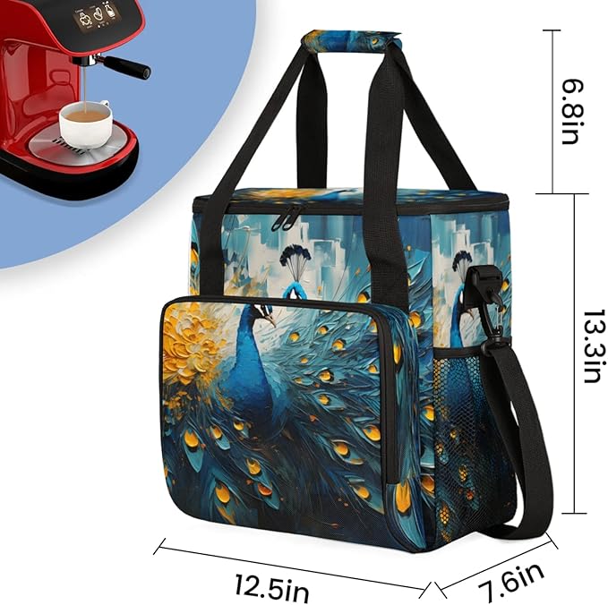 Peacock Print Coffee Maker Travel Bag for Keurig K-Mini/K-Mini Plus Insulated Waterproof Tote with Pockets for K-Cup Portable Single-Serve Brewer Case