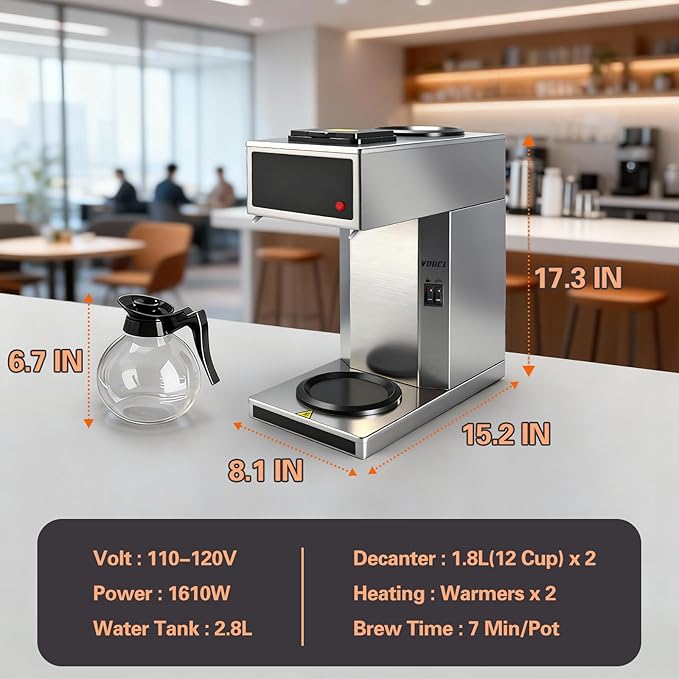 VONCI 1610W Commercial Coffee Maker 12 Cup Drip Coffee Machine 2 Glass Carafes and 2 Warmers Stainless Steel Housing &amp Funnel Industrial Coffee Maker for Offices Hotels Home