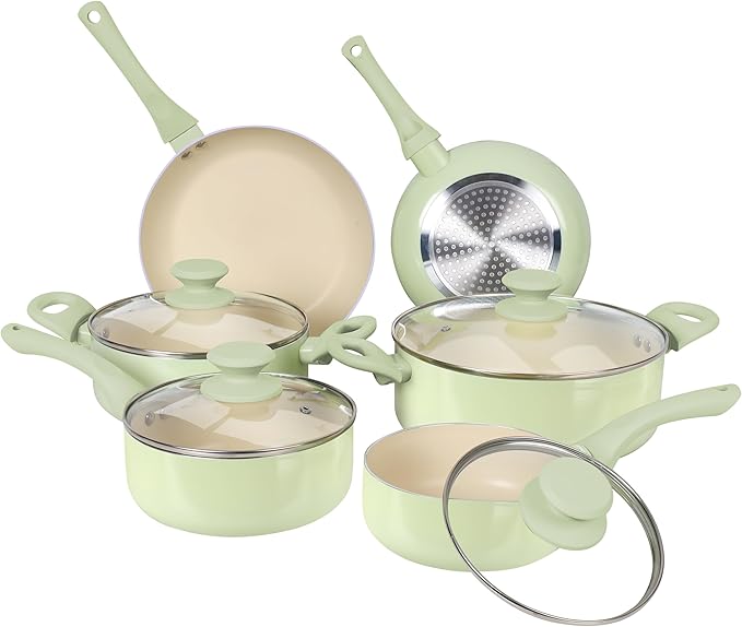Clockitchen Ceramic Nonstick Cookware Set 10-piece Non-Toxic Cooking Pots and Pans Set Induction Stovetops Compatibility Green Kitchenware for Healthy Cooking