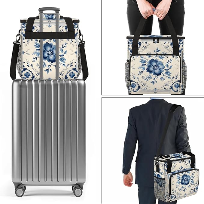 Blue Floral Pattern Coffee Maker Travel Bag for Keurig K-Mini/K-Mini Plus Insulated Waterproof Tote with Pockets Portable Single-Serve Brewer Case