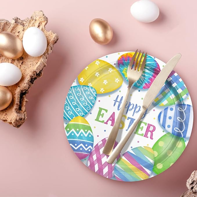 Happy Easter Party Supplies Kit Disposable Dinnerware Includes Paper Dinner Plates Dessert Plates Napkins for Easter party Decorations Serve 50