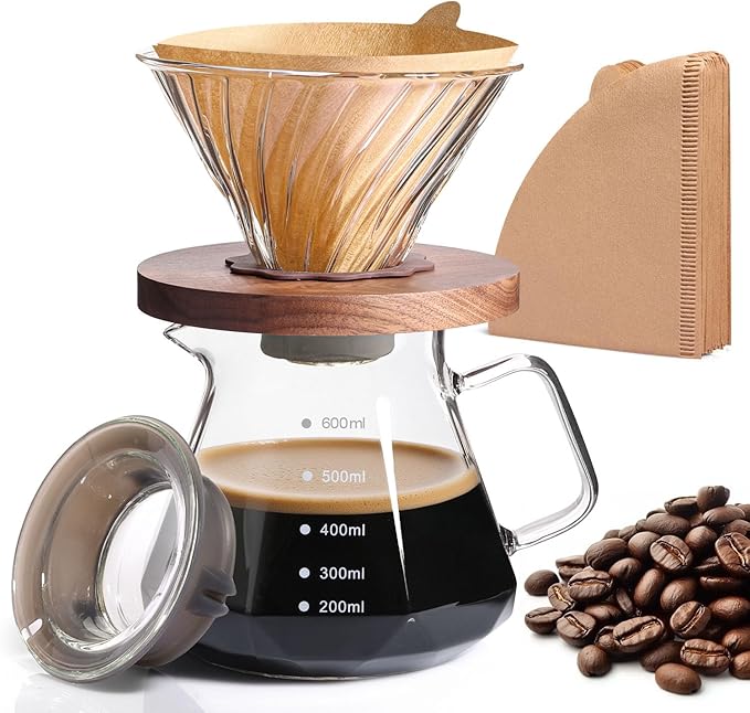 Pour Over Coffee Maker 20 OZ 6 Cup Borosilicate Glass Drip Coffee Maker with 40 pcs V60 Paper Filter and Walnut Grip for Home Café 600 ML