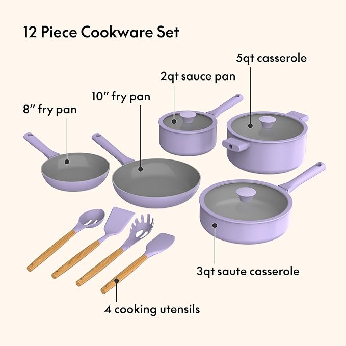 So Yummy by bella 12 Piece Cookware Set w EverGood™ Ceramic Nonstick Coating and Silicone &amp Wood Utensils Dishwasher Safe Silicone &amp Glass Lids Oven Safe &amp All Stovetop Compatible Lave