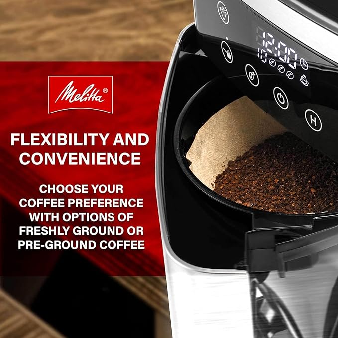 Melitta® Aroma Fresh™ Plus 10-Cup Automatic Drip Programmable Coffee Maker with built in Burr Coffee Grinder 5-Pack Coffee Filters included