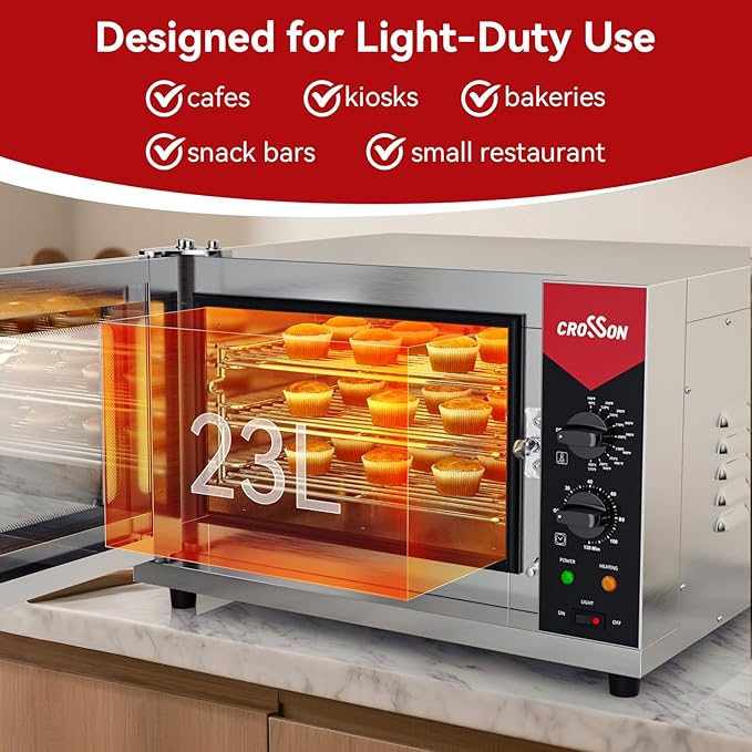 CROSSON 23L Quarter-Size Convection Oven3-Tier Commercial Toaster oven w/Front Glass Door3 set of Wire Racks120 Minutes Timer and Interior Light 120V/1600W Countertop Conventional Oven