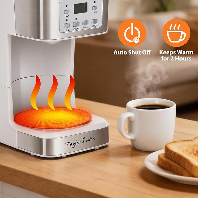 Taylor Swoden 12-Cup Programmable Coffee Maker Regular &amp Strong Brew Drip Coffee Machine for Home and Office Glass Carafe Pause &amp Serve Auto Shut Off White &amp Stainless Steel