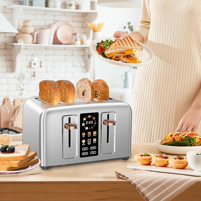 SEEDEEM Toaster 4 Slice Full Touch control Toaster LCD Display 6 Bread Type 7 Shade Settings 1.4''Wide SlotsMore Time Function Removable Crumb Tray 1800W Silver Metallic