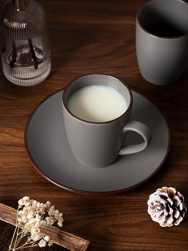 Famiware Venus Plates and Bowls Sets with Coffee Mugs Set 18 Pieces Stoneware Dinnerware Sets Dark Gray