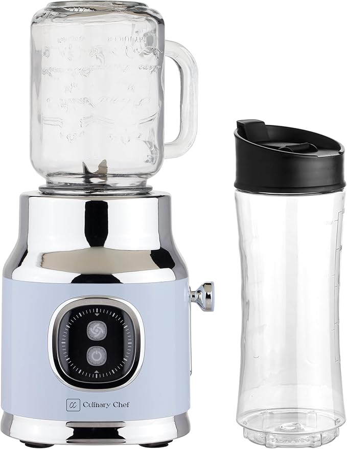CULINARY CHEF Retro Smoothie Maker Personal Blender with Mason Jar Perfect for Shakes and Smoothies Countertop Dishwasher Safe BPA-Free High Power 300W BLUE