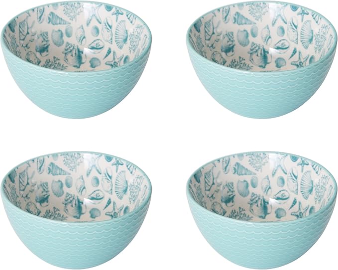 Pfaltzgraff Venice 16-Piece Stoneware Dinnerware Set Service for 4 Aqua and White Color Combination Durable and Chip Resistant Microwave Safe