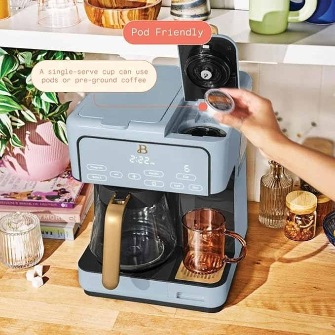 Dual Function Coffee Maker with 12 Cup Drip Brewing and Single Cup Option Programmable Control Panel (Cornflower Blue)