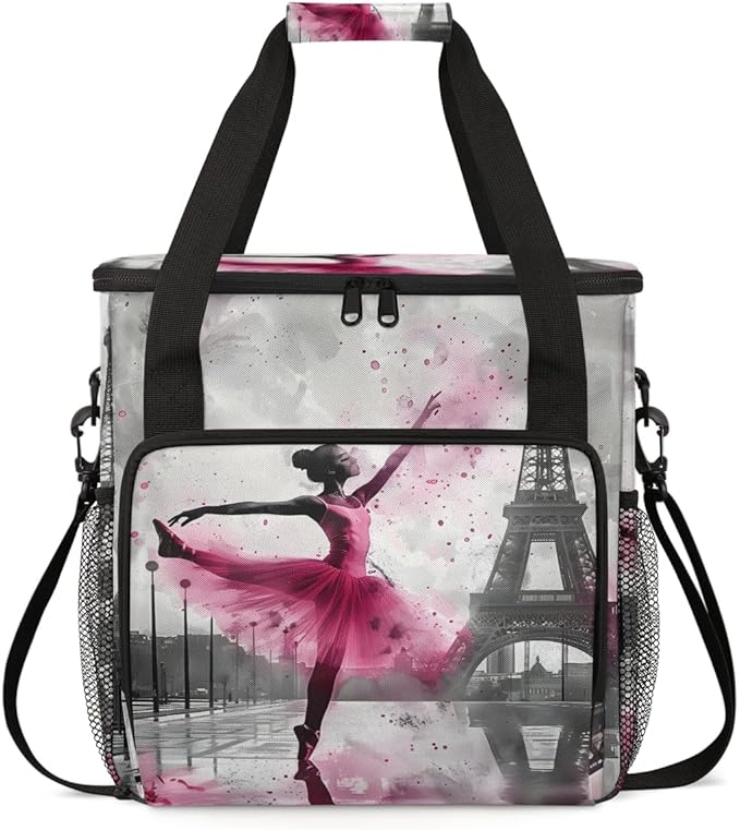 Paris Eiffel Tower Travel Coffee Maker Carrying Bag Pink Large Organizer Storage Tote Bag Insulated Reusable Cooler Lunch Bags