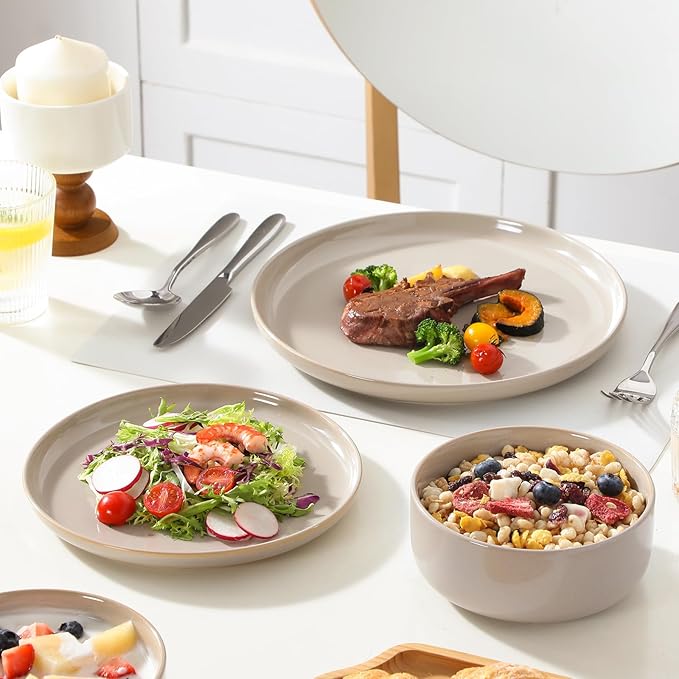 vancasso PLAYA Plates and Bowls Sets12 Pieces Grey Dinnerware Sets and 16 oz Large Ceramic Coffee Cups Set of 6 Stoneware Mugs with Handle for Latte Tea Cappuccino Milk Cocoa