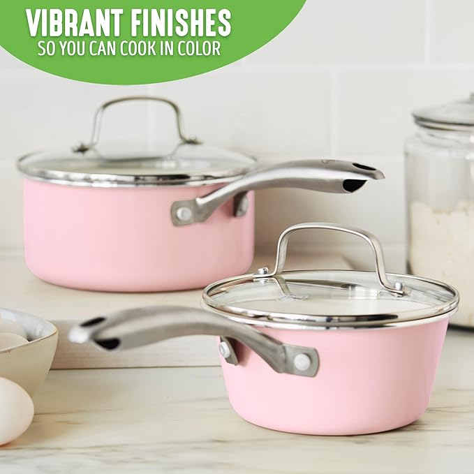 GreenLife Artisan Healthy Ceramic Nonstick 1QT and 2QT Saucepan Pot Set with Lids Stainless Steel Handle Induction PFAS-Free Dishwasher Safe Oven Safe Pink