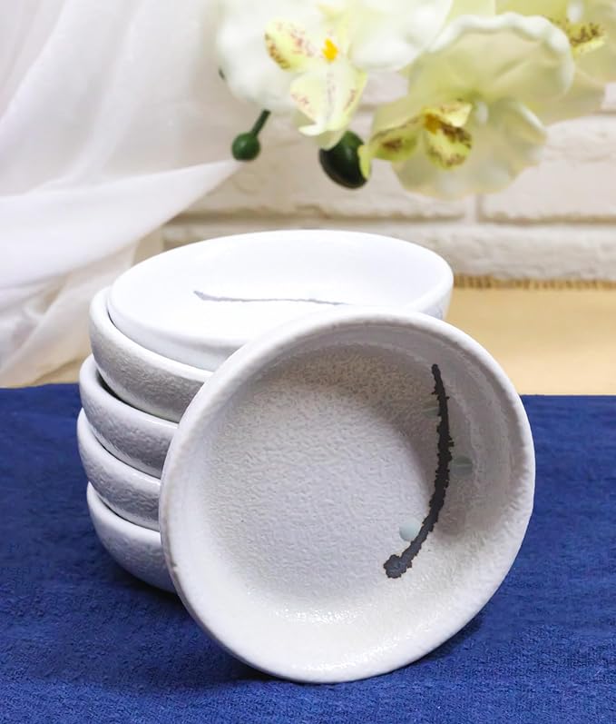 Ebros Gift Modern Yukino Hana Snow Flowers Ceramic Dinnerware Serveware Kitchenware Set Oriental Asian Restaurant Supply (Pack Of 6 Round Condiment Sauce Dishes 1.5oz)