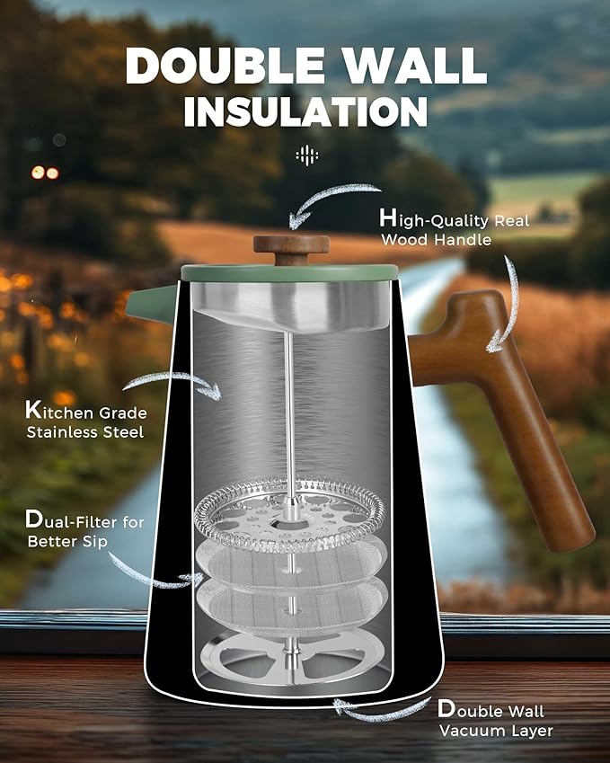 POLIVIAR French Press Coffee Maker 34 oz Coffee Press with Real Wood Handle Double Wall Insulation &amp Dual-Filter Screen Food Grade Stainless Steel for Good Coffe and Tea JX2025-XFPN