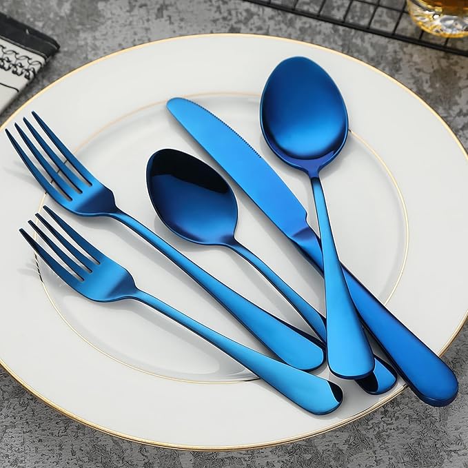 Blue Silverware Set Flatware Cutlery - 20 Pieces Stainless Steel Tableware Set Service for 4Include Fork Knife SpoonMirror PolishedDishwasher Safe