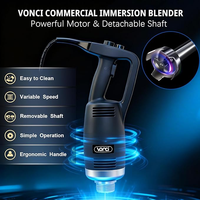 VONCI 750W Commercial Immersion Blender Extra Heavy Duty Hand Blender with Variable Speed 8000-19000RPM Handheld Stick Mixer with 22 SUS 304 Shaft Commercial Emulsifier for Restaurant Kitchen.