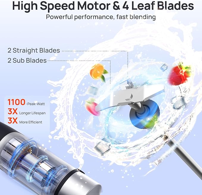 Consciot 4 in 1 Immersion Hand Blender Max 1100W Corded Stick Emulsifier with Entire Stainless Steel Blender Shaft Trigger Speed Control For Blending Beating Frothing Mixing &amp More Non-BPA