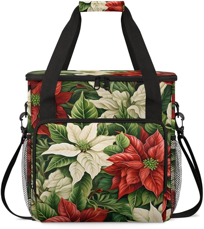 Christmas Flowers Coffee Maker Carrying Bag Holly Berry Travel Storage Bag Compatible with K-Mini or K-Mini Plus Single Serve Coffee Brewer Carrying Case with Multiple Pockets &amp Shoulder Strap