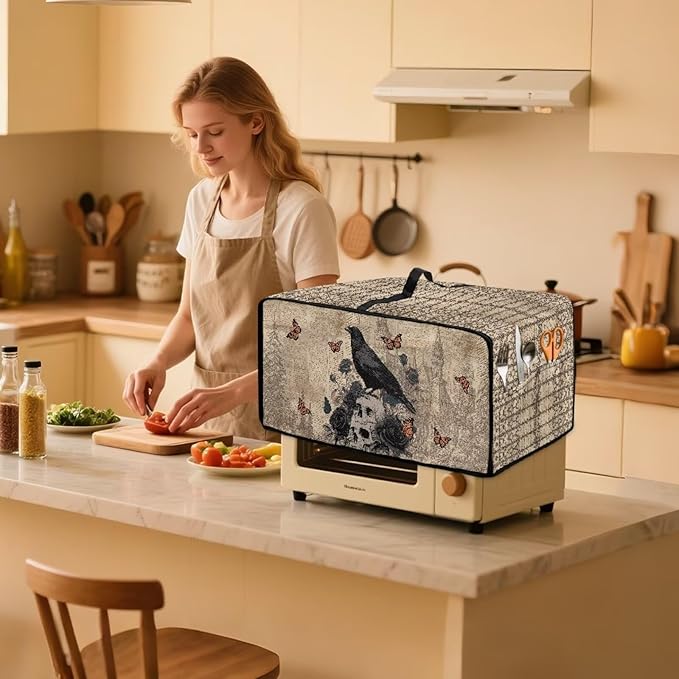 Toaster Oven Dust Cover Crow Butterfly Rose Print Microwave Oven Cover Heavy Duty Bread Maker Machine Covers with Side Pockets Kitchen Small Appliance Protector M