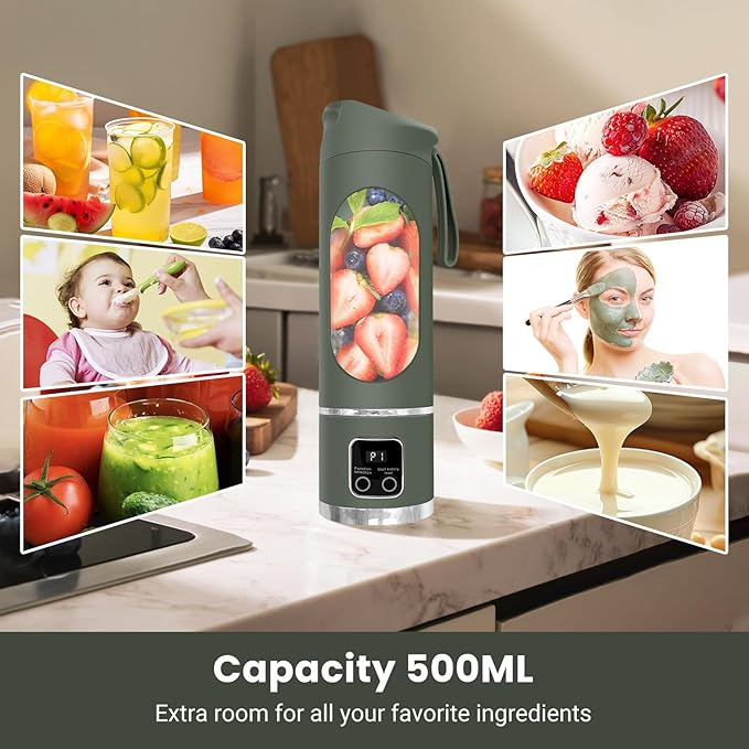 Portable Blender Personal Electric USB500ML Portable juicer Shakes and Smoothies BlenderSmall BlendersMixingCompact、Convenient and Versatile (Green)