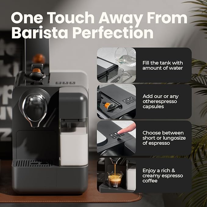 Espresso Machine with Integrated Automatic Milk Frother - Single-Serve Coffee Maker Capsule Compatible One Touch Latte &amp Cappuccino Single or Double Shot Espresso Maker