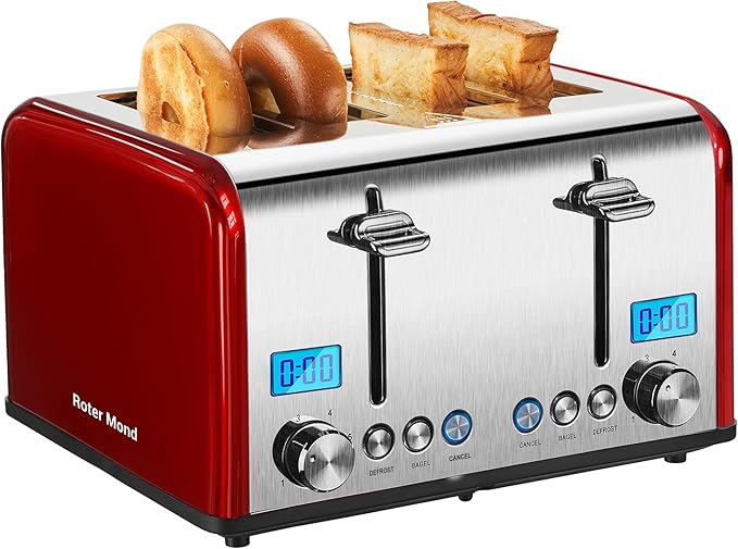 Roter Mond Countdown Stainless Steel 4 Slice Toaster with Bagel Defrost Cancel Function Dual Toaster Extra Wide Slots 6 Shade Settings Removable Crumb Trays 1650W Red
