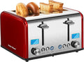Roter Mond Countdown Stainless Steel 4 Slice Toaster with Bagel Defrost Cancel Function Dual Toaster Extra Wide Slots 6 Shade Settings Removable Crumb Trays 1650W Red