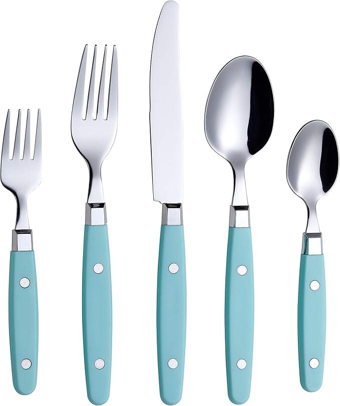 ANNOVA Silverware Set Retro/Rivet Colorful Stainless Steel Tableware Kitchen Flatware Set Utensils Includes Dinner Knives Forks Spoons Salad Forks &amp Dessert Spoons (Turquoise 20 Pieces)