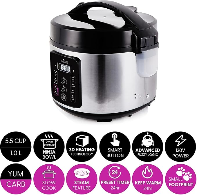 Yum Asia Kumo YumCarb Rice Cooker with Ceramic Bowl and Advanced Fuzzy Logic (5.5 Cups 1 Litre) 5 Rice Cooking Functions 3 Multicooker Functions 110V US Power (Light Stainless Steel)