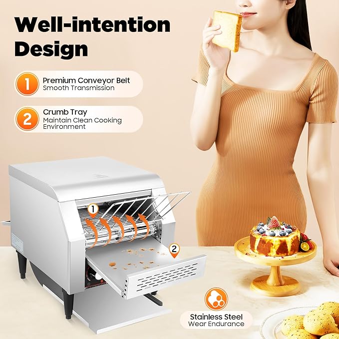 Commercial Conveyor Toaster 300 Slices/H 2200W Heavy Duty Industrial Toasters w/ 3 Heating Modes 7 Speed Control Countertop Restaurant Toaster for Bun Bagel Bread Baked Food 110V
