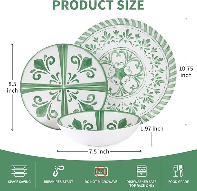 Melamine Dinnerware Sets Dinnerware Sets for 4 12Pcs Plates and Bowls Sets Green Floral Embossed Design Dish Set for Indoor and Outdoor Use