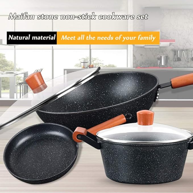 Cooking Pot Non Stick Cookware Sets3 Piece Stone-Derived Pots and PansFrying Pan and Saucepan Set for BakingBroilingFryingRoastingInduction Safe