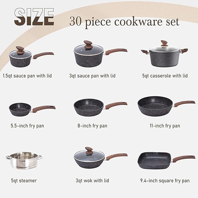 Kitchen Induction Cookware &amp Bakeware Set - 30 Piece Black Granite Cooking Pans Set Non-Stick Pots and Pans Set