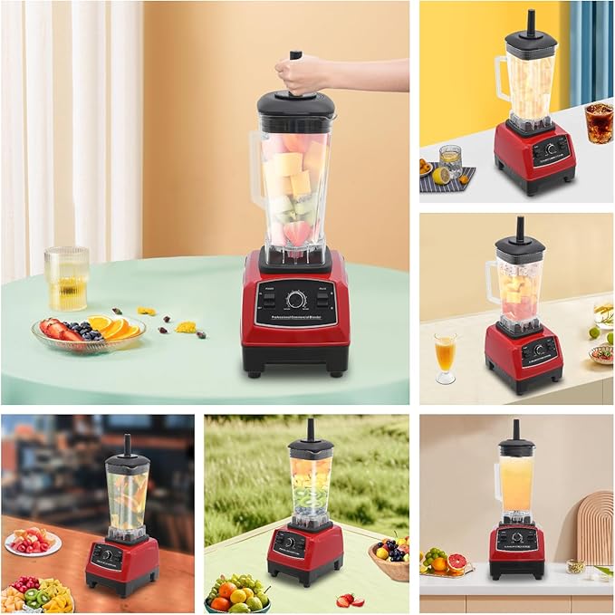 Smoothie Machine w/Mixing Stick 2L/2.11Qt 2200W Milkshake Blending Machine 6-blade 10-gear Speed Grain Grinder Tabletop Automatic Sauce Mixer Commercial/Home Ice Crusher 7 * 8.3 * 17.5in Red